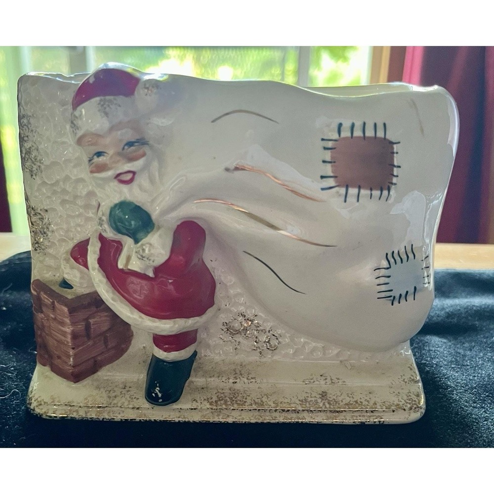 Vtg Ucagco Ceramics Santa Patched Toy Bag Planter Textured Sides Cold Paint Red